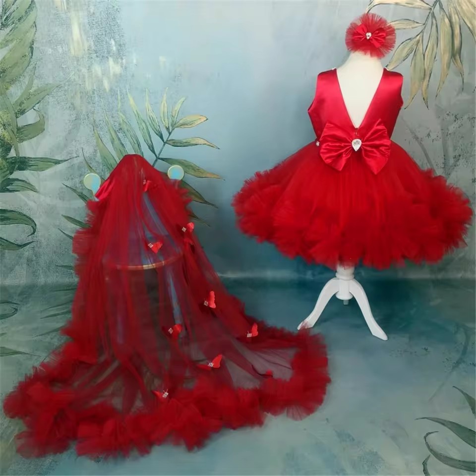 Toddler Girl Tulle Party Dress - Vestidos vermelhos personalizados para meninas, casamentos,