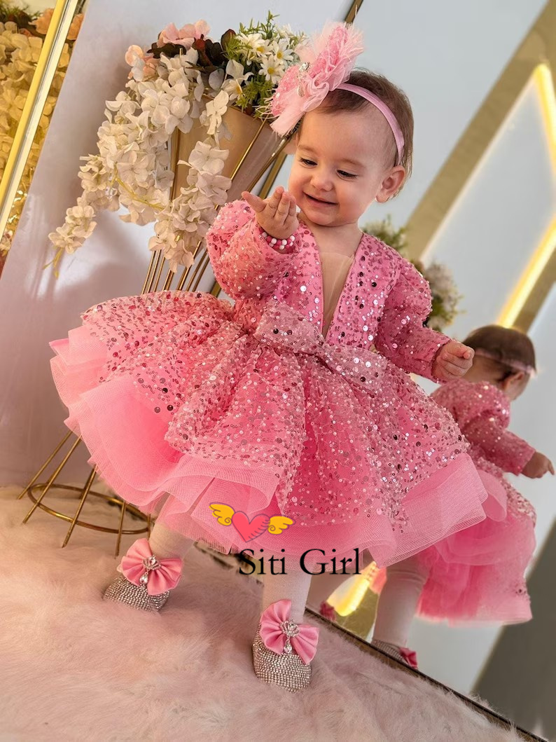 Toddler Girl Tulle Party Dress - Vestido de princesa rosa para bebês,