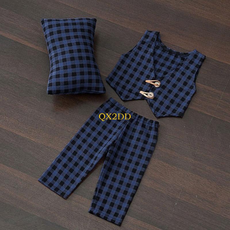 Infant Photography Props Outfit - Conjunto calças e colete xadrez qx2d,