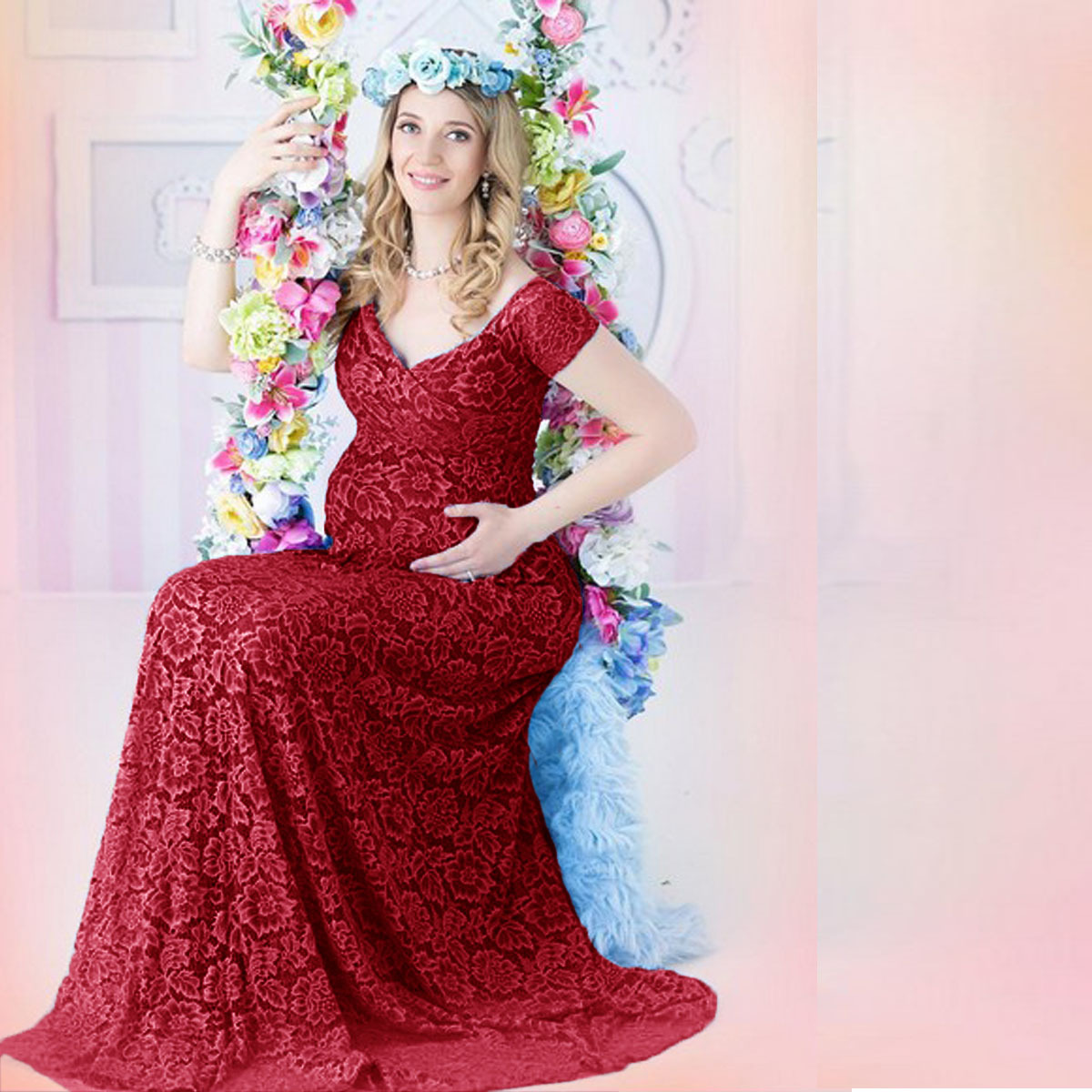 Maternity Wear - Vestido Maxi de Renda com Manga